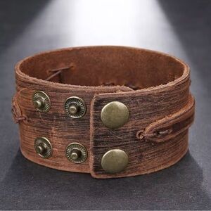 Mens Vintage Brown Leather Cuff Bracelet 9”